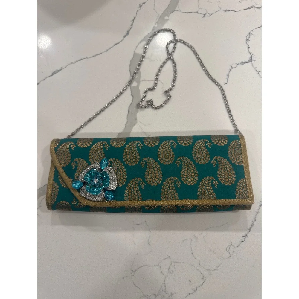 Teal Green Gold Paisley Brocade Clutch Evening Bag Rhinestone Flower Crystal